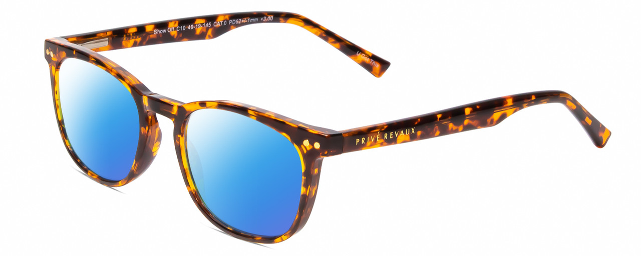 Profile View of Prive Revaux Show Off Single Designer Polarized Sunglasses with Custom Cut Blue Mirror Lenses in Toffee Brown Tortoise Havana Ladies Round Full Rim Acetate 48 mm