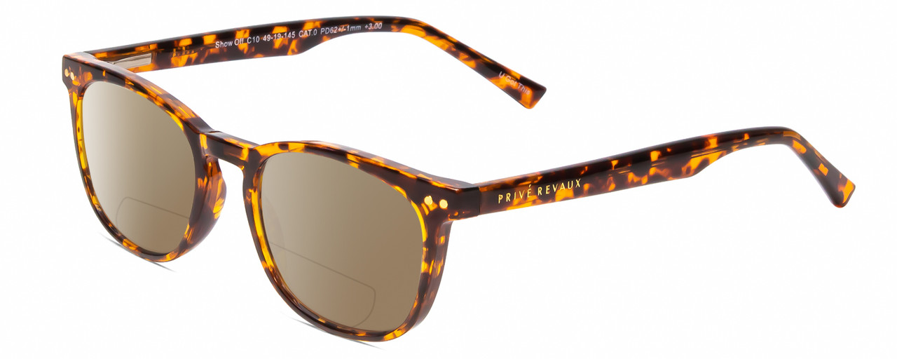 Profile View of Prive Revaux Show Off Single Designer Polarized Reading Sunglasses with Custom Cut Powered Amber Brown Lenses in Toffee Brown Tortoise Havana Ladies Round Full Rim Acetate 48 mm