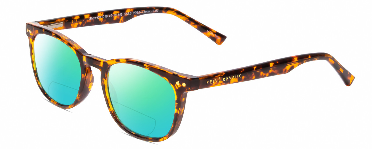 Profile View of Prive Revaux Show Off Single Designer Polarized Reading Sunglasses with Custom Cut Powered Green Mirror Lenses in Toffee Brown Tortoise Havana Ladies Round Full Rim Acetate 48 mm