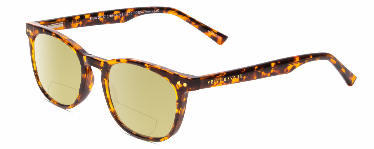 Profile View of Prive Revaux Show Off Single Designer Polarized Reading Sunglasses with Custom Cut Powered Sun Flower Yellow Lenses in Toffee Brown Tortoise Havana Ladies Round Full Rim Acetate 48 mm