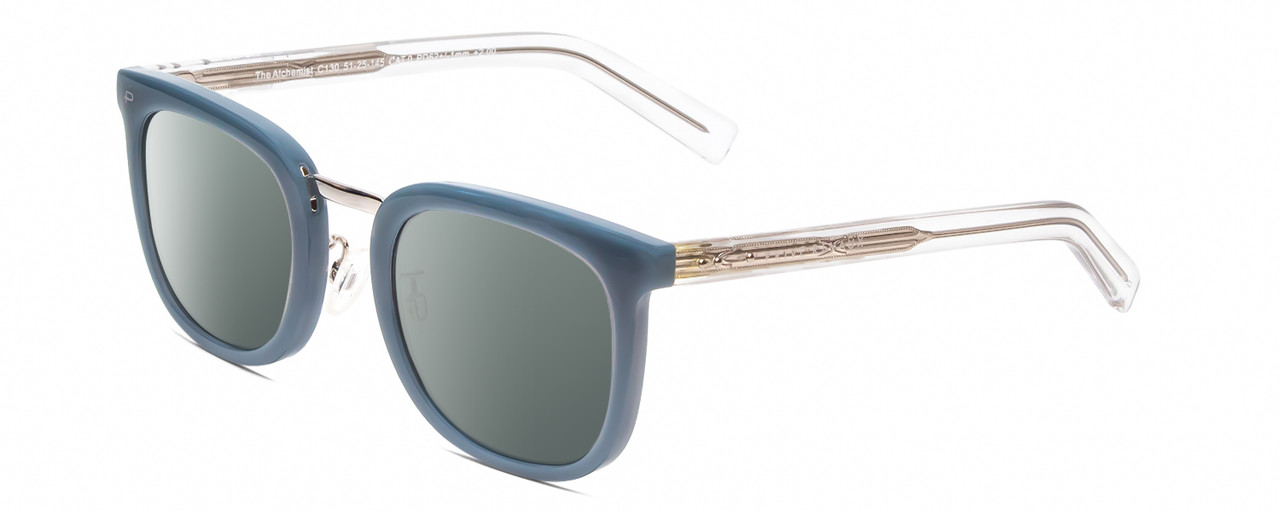 Profile View of Prive Revaux Alchemist Designer Polarized Sunglasses with Custom Cut Smoke Grey Lenses in Teal Stone Blue/Clear Crystal Unisex Square Full Rim Acetate 50 mm