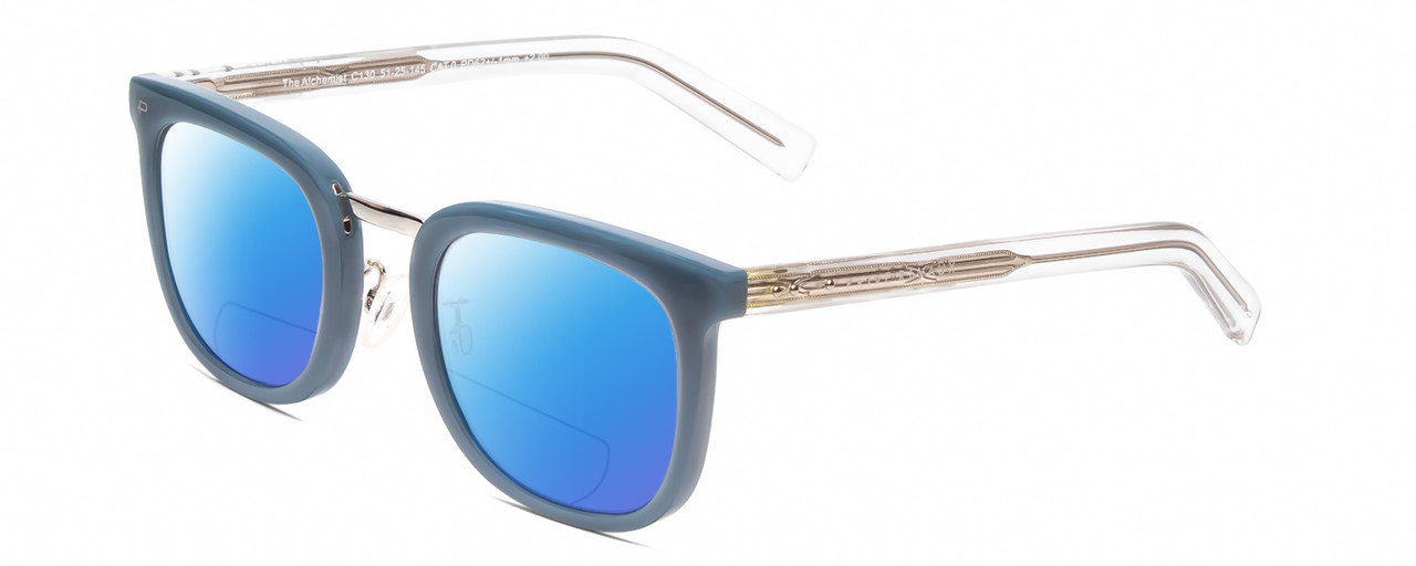 Profile View of Prive Revaux Alchemist Designer Polarized Reading Sunglasses with Custom Cut Powered Blue Mirror Lenses in Teal Stone Blue/Clear Crystal Unisex Square Full Rim Acetate 50 mm