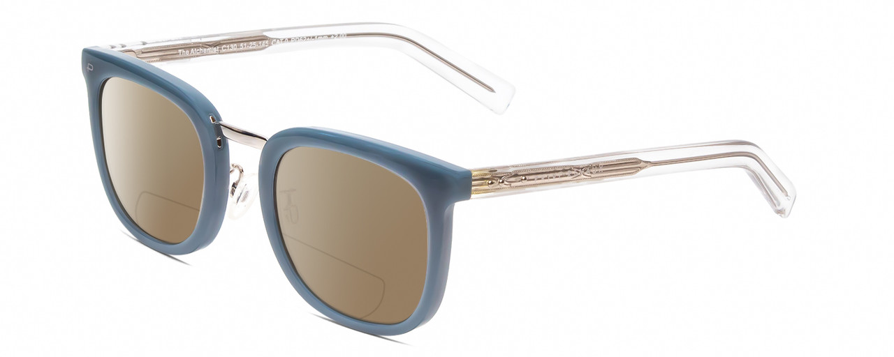 Profile View of Prive Revaux Alchemist Designer Polarized Reading Sunglasses with Custom Cut Powered Amber Brown Lenses in Teal Stone Blue/Clear Crystal Unisex Square Full Rim Acetate 50 mm