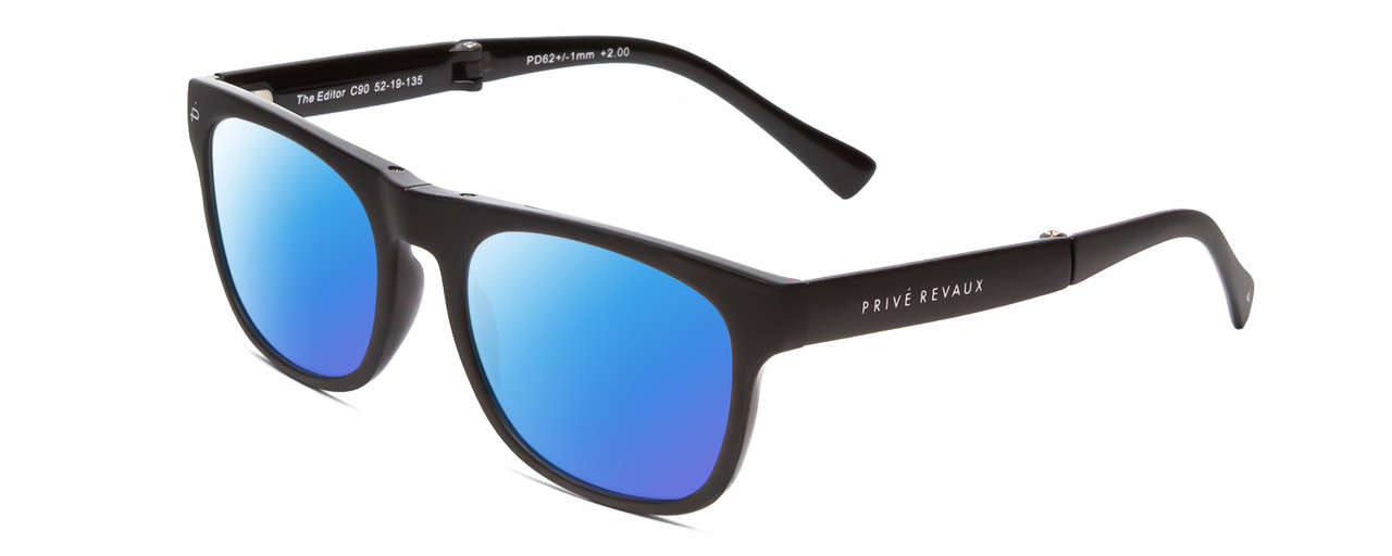 Profile View of Prive Revaux Editor FOLDING Designer Polarized Sunglasses with Custom Cut Blue Mirror Lenses in Caviar Black Unisex Classic Full Rim Acetate 52 mm