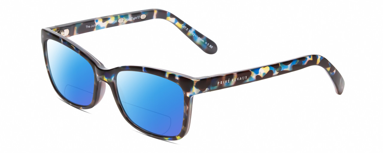 Profile View of Prive Revaux Julie Designer Polarized Reading Sunglasses with Custom Cut Powered Blue Mirror Lenses in Sapphire Blue Yellow Tortoise  Ladies Cateye Full Rim Acetate 50 mm