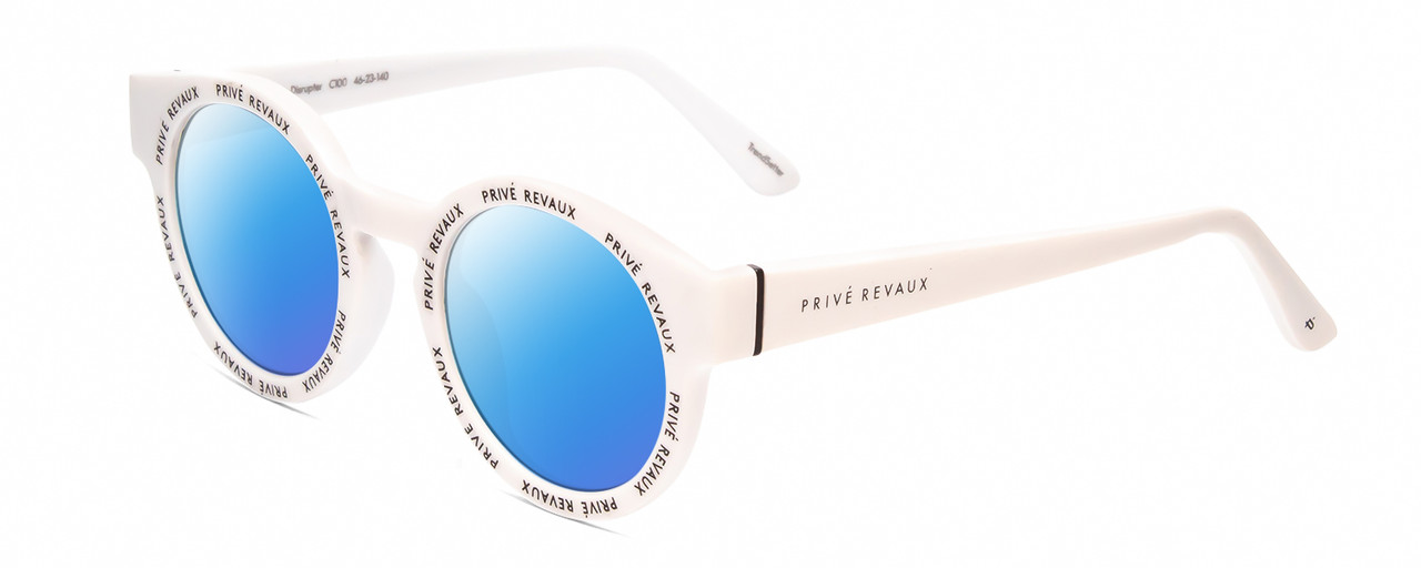 Profile View of Prive Revaux Industry Disrupter Designer Polarized Sunglasses with Custom Cut Blue Mirror Lenses in Matte Splash White Unisex Round Full Rim Acetate 41 mm