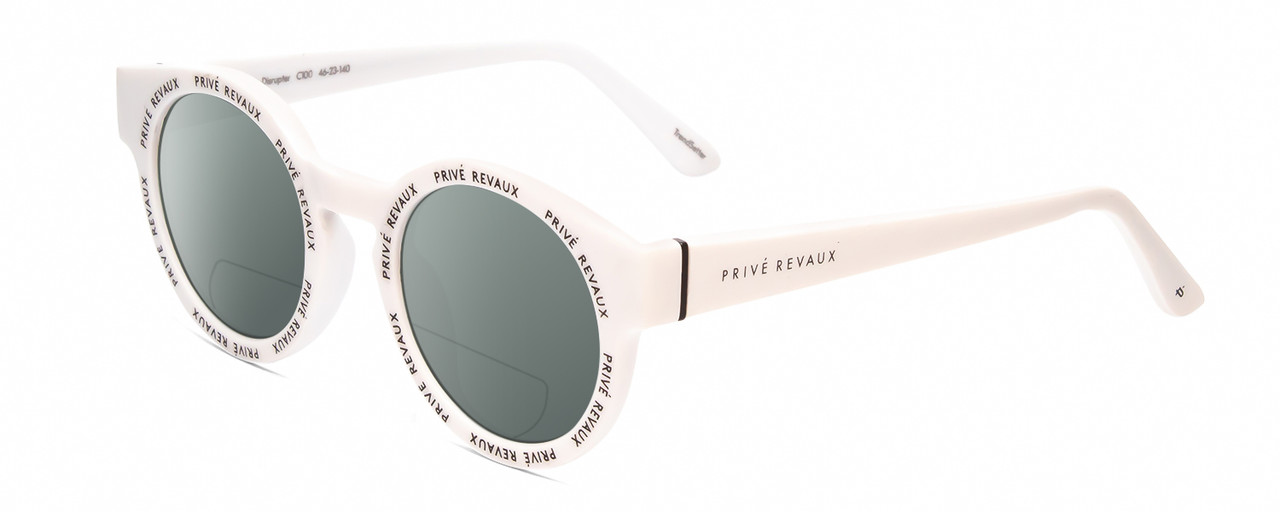 Profile View of Prive Revaux Industry Disrupter Designer Polarized Reading Sunglasses with Custom Cut Powered Smoke Grey Lenses in Matte Splash White Unisex Round Full Rim Acetate 41 mm