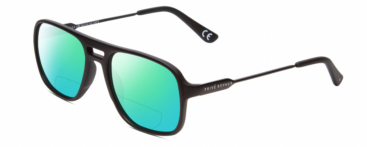 Profile View of Prive Revaux 3.0.5 Designer Polarized Reading Sunglasses with Custom Cut Powered Green Mirror Lenses in Matte Caviar Black/Gunmetal Unisex Pilot Full Rim Acetate 56 mm