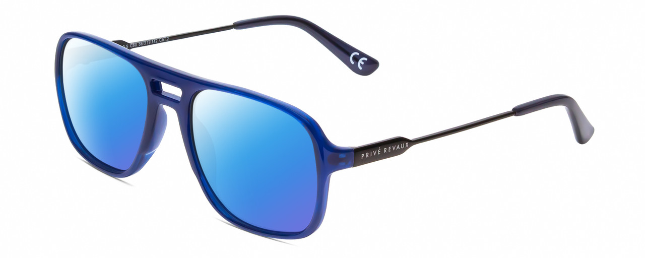 Profile View of Prive Revaux 3.0.5 Designer Polarized Sunglasses with Custom Cut Blue Mirror Lenses in Midnight Crystal Blue/Gunmetal Unisex Pilot Full Rim Acetate 56 mm