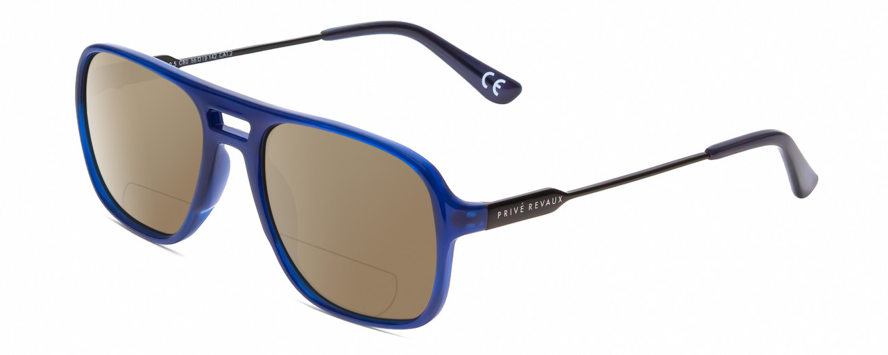 Profile View of Prive Revaux 3.0.5 Designer Polarized Reading Sunglasses with Custom Cut Powered Amber Brown Lenses in Midnight Crystal Blue/Gunmetal Unisex Pilot Full Rim Acetate 56 mm