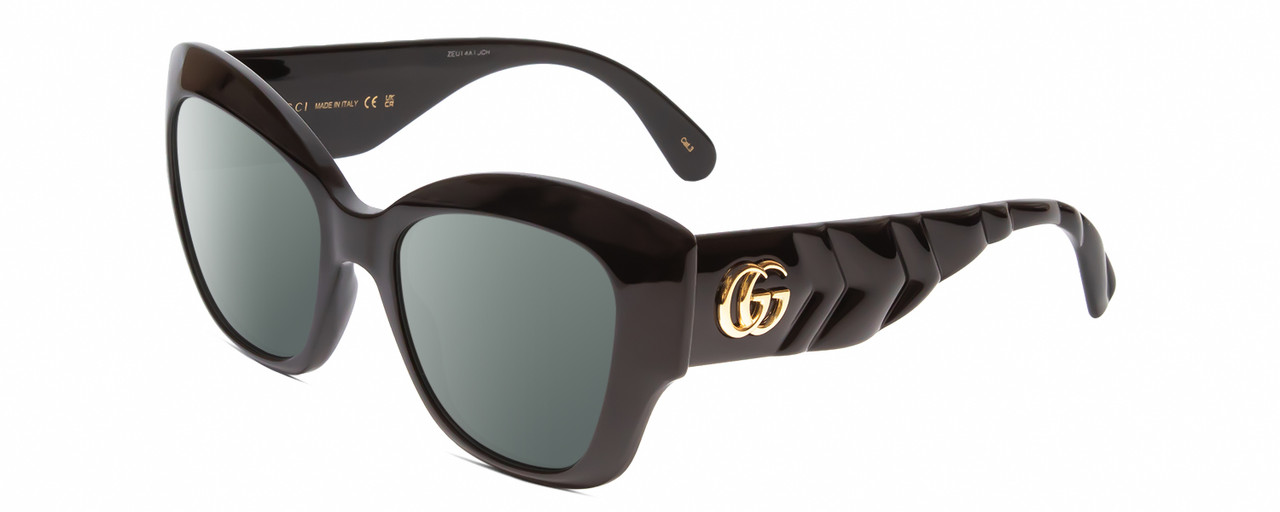 Profile View of Gucci GG0808S Designer Polarized Sunglasses with Custom Cut Smoke Grey Lenses in Black Ribbed Chevron Gold Logo Ladies Cat Eye Full Rim Acetate 53 mm