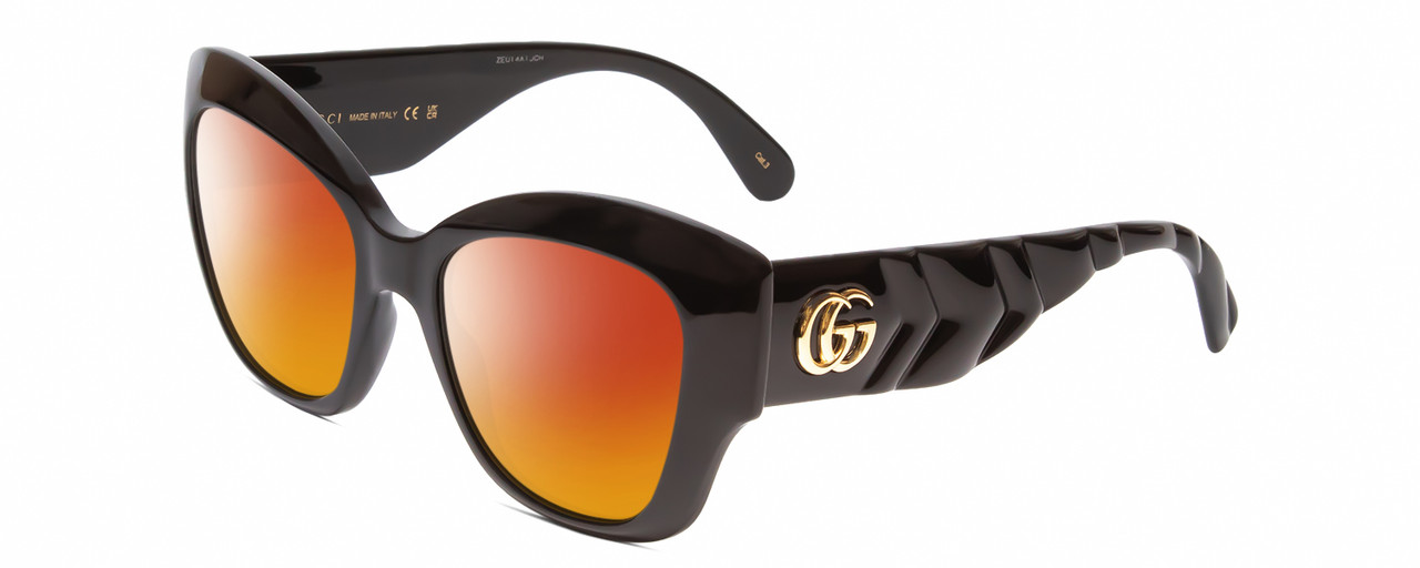 Profile View of Gucci GG0808S Designer Polarized Sunglasses with Custom Cut Red Mirror Lenses in Black Ribbed Chevron Gold Logo Ladies Cat Eye Full Rim Acetate 53 mm