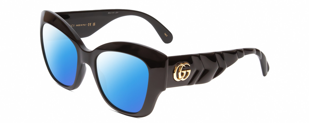 Profile View of Gucci GG0808S Designer Polarized Sunglasses with Custom Cut Blue Mirror Lenses in Black Ribbed Chevron Gold Logo Ladies Cat Eye Full Rim Acetate 53 mm