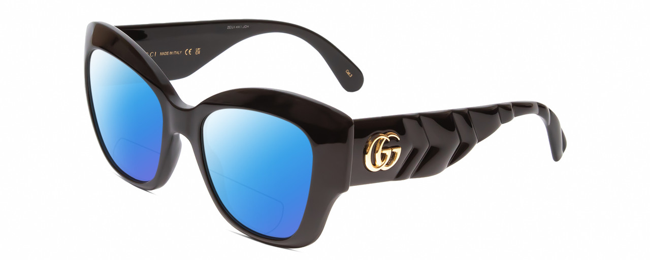 Profile View of Gucci GG0808S Designer Polarized Reading Sunglasses with Custom Cut Powered Blue Mirror Lenses in Black Ribbed Chevron Gold Logo Ladies Cat Eye Full Rim Acetate 53 mm