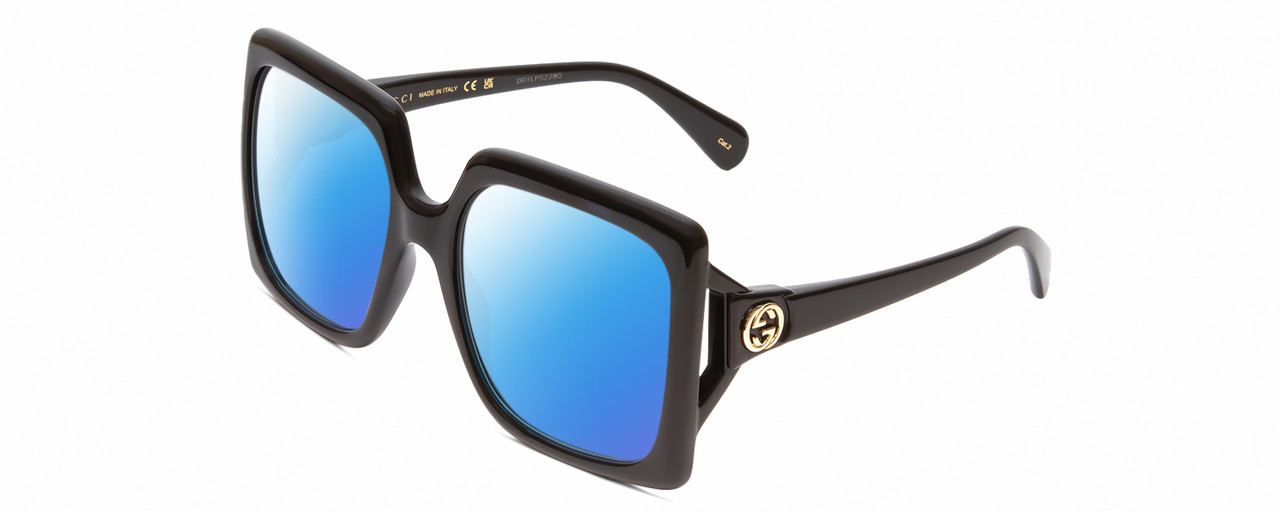 Profile View of Gucci GG0876S Designer Polarized Sunglasses with Custom Cut Blue Mirror Lenses in Gloss Black Gold Logo Ladies Square Full Rim Acetate 60 mm