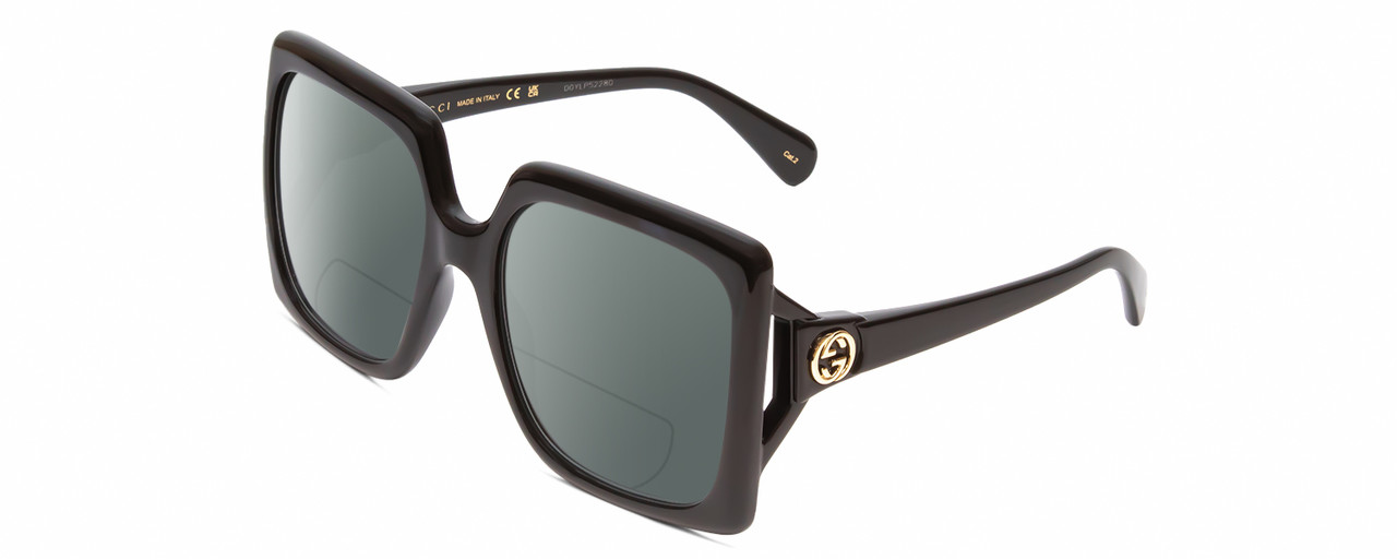 Profile View of Gucci GG0876S Designer Polarized Reading Sunglasses with Custom Cut Powered Smoke Grey Lenses in Gloss Black Gold Logo Ladies Square Full Rim Acetate 60 mm