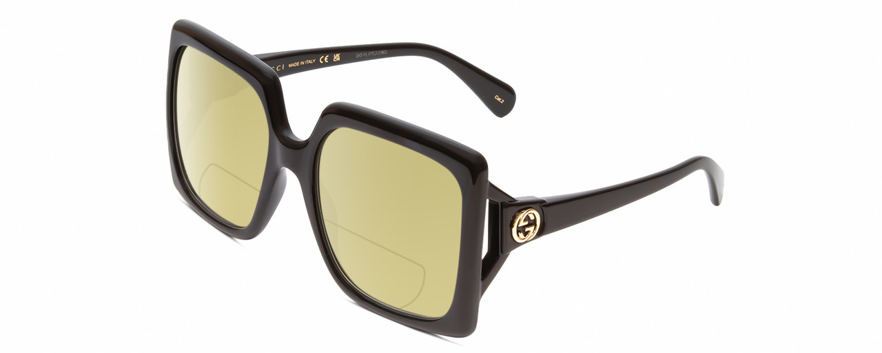 Profile View of Gucci GG0876S Designer Polarized Reading Sunglasses with Custom Cut Powered Sun Flower Yellow Lenses in Gloss Black Gold Logo Ladies Square Full Rim Acetate 60 mm