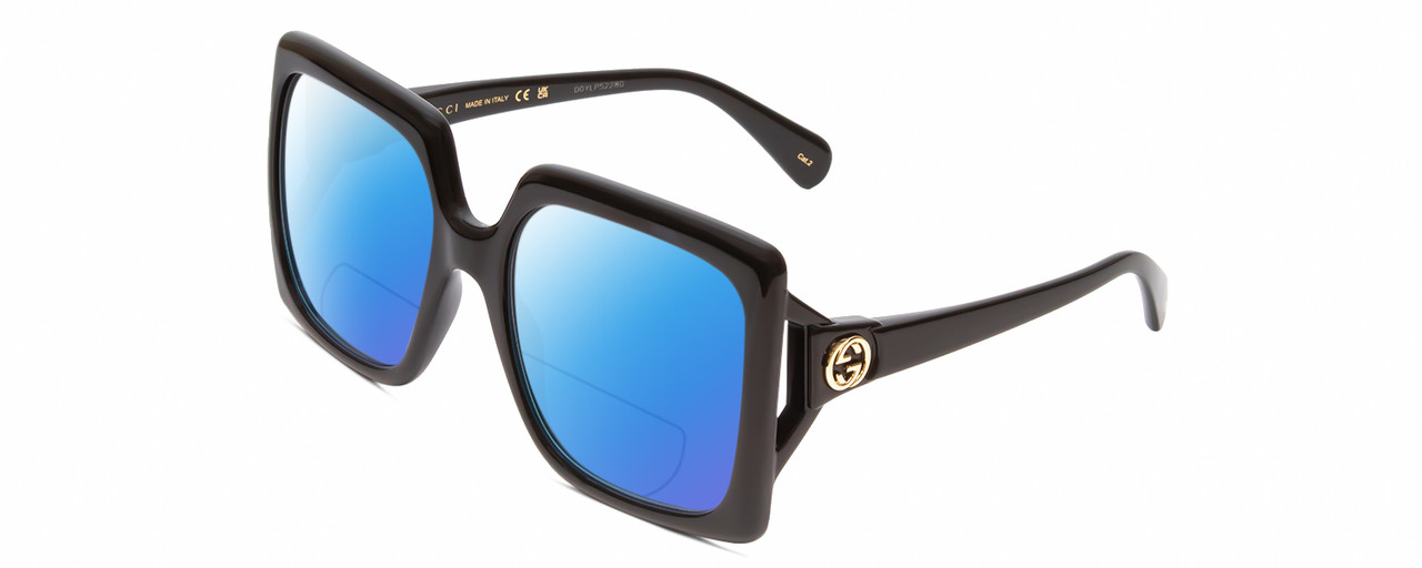 Profile View of Gucci GG0876S Designer Polarized Reading Sunglasses with Custom Cut Powered Blue Mirror Lenses in Gloss Black Gold Logo Ladies Square Full Rim Acetate 60 mm