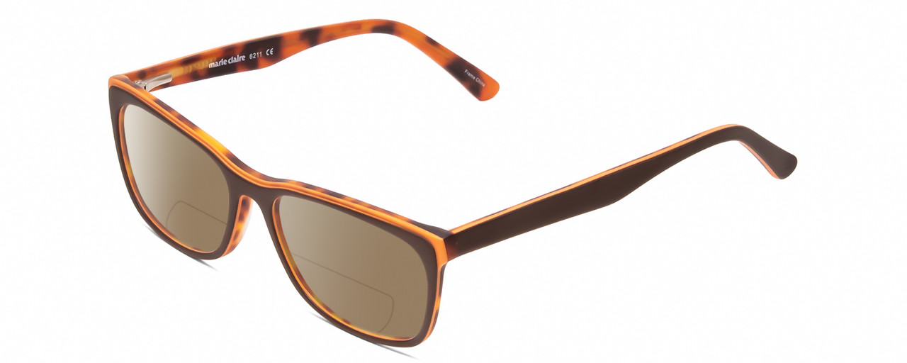 Profile View of Marie Claire MC6211 Designer Polarized Reading Sunglasses with Custom Cut Powered Amber Brown Lenses in Matte Brown Orange Autumn Tortoise Ladies Panthos Full Rim Acetate 53 mm