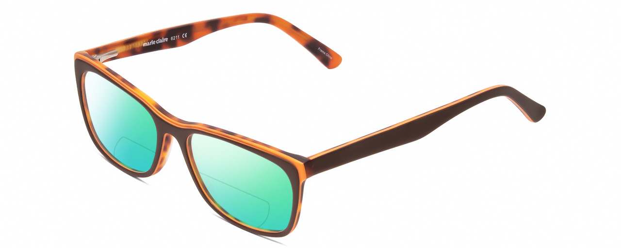 Profile View of Marie Claire MC6211 Designer Polarized Reading Sunglasses with Custom Cut Powered Green Mirror Lenses in Matte Brown Orange Autumn Tortoise Ladies Panthos Full Rim Acetate 53 mm