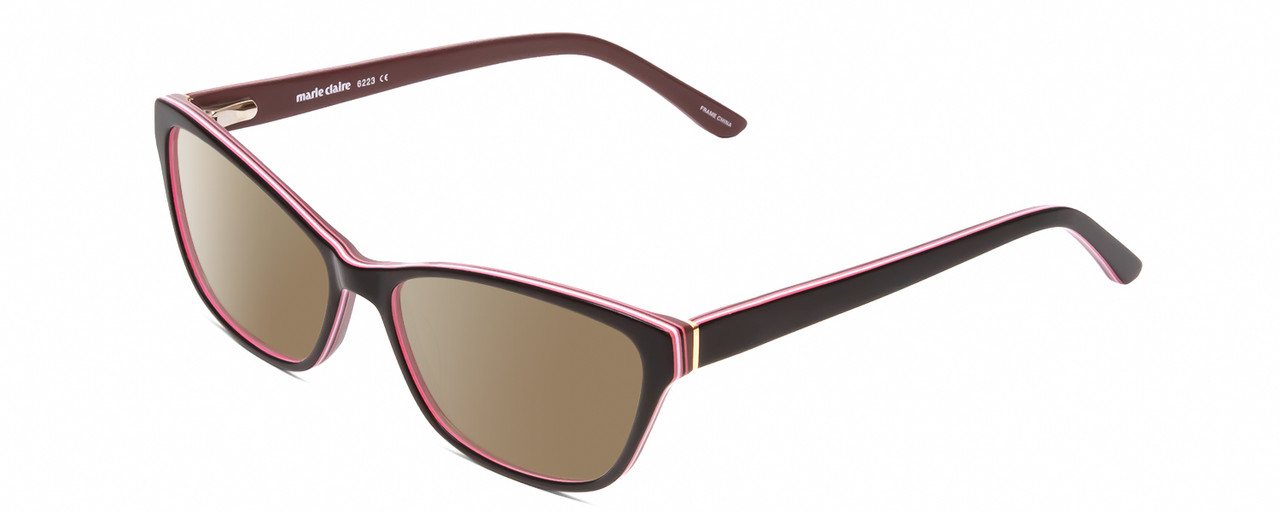 Profile View of Marie Claire MC6223 Designer Polarized Sunglasses with Custom Cut Amber Brown Lenses in Gloss Black Wine Red Pink White Layer Ladies Cat Eye Full Rim Acetate 54 mm