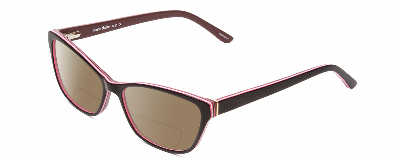 Profile View of Marie Claire MC6223 Designer Polarized Reading Sunglasses with Custom Cut Powered Amber Brown Lenses in Gloss Black Wine Red Pink White Layer Ladies Cat Eye Full Rim Acetate 54 mm