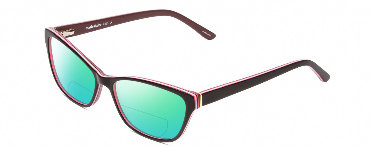 Profile View of Marie Claire MC6223 Designer Polarized Reading Sunglasses with Custom Cut Powered Green Mirror Lenses in Gloss Black Wine Red Pink White Layer Ladies Cat Eye Full Rim Acetate 54 mm