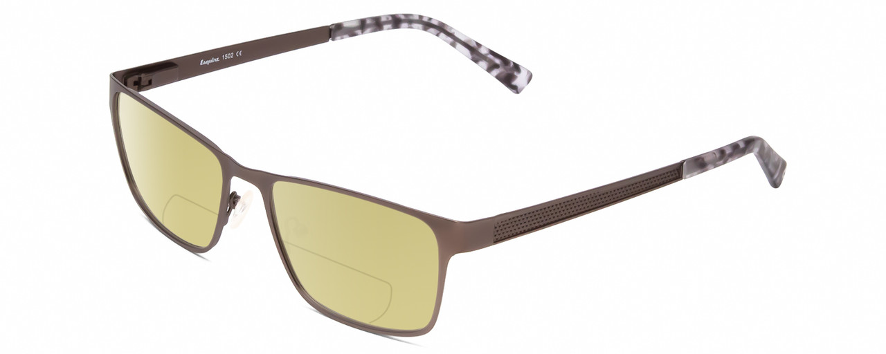 Profile View of Esquire EQ1502 Designer Polarized Reading Sunglasses with Custom Cut Powered Sun Flower Yellow Lenses in Brown Pewter Silver White Marble Unisex Square Full Rim Stainless Steel 54 mm