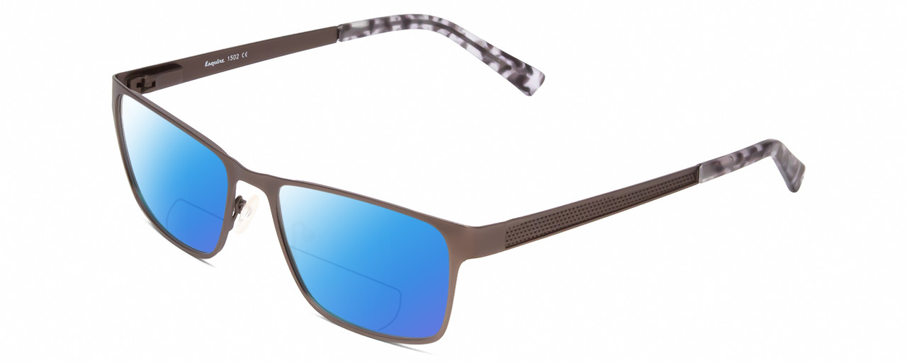 Profile View of Esquire EQ1502 Designer Polarized Reading Sunglasses with Custom Cut Powered Blue Mirror Lenses in Brown Pewter Silver White Marble Unisex Square Full Rim Stainless Steel 54 mm