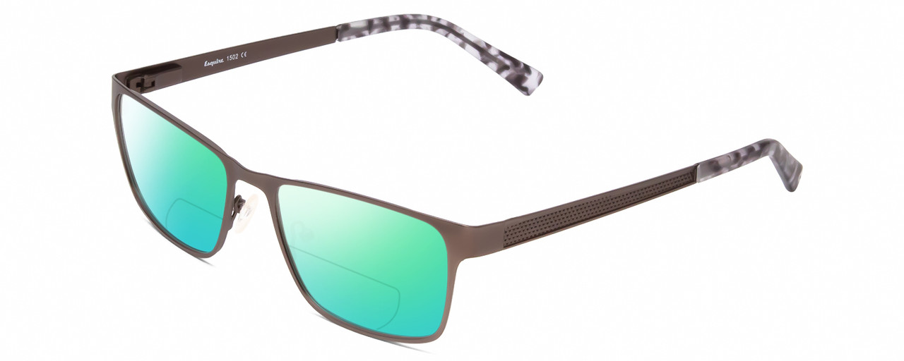 Profile View of Esquire EQ1502 Designer Polarized Reading Sunglasses with Custom Cut Powered Green Mirror Lenses in Brown Pewter Silver White Marble Unisex Square Full Rim Stainless Steel 54 mm