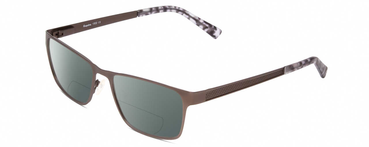 Profile View of Esquire EQ1502 Designer Polarized Reading Sunglasses with Custom Cut Powered Smoke Grey Lenses in Brown Pewter Silver White Marble Unisex Square Full Rim Stainless Steel 54 mm