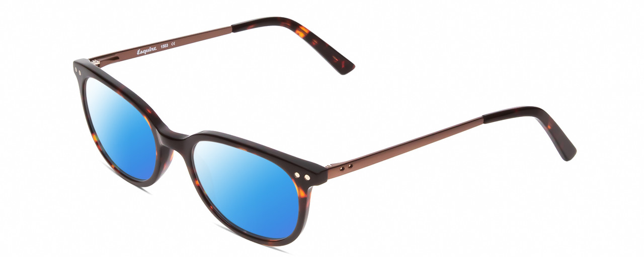 Profile View of Esquire EQ1503 Designer Polarized Sunglasses with Custom Cut Blue Mirror Lenses in Tortoise Havana Brown Gold Unisex Oval Full Rim Acetate 50 mm