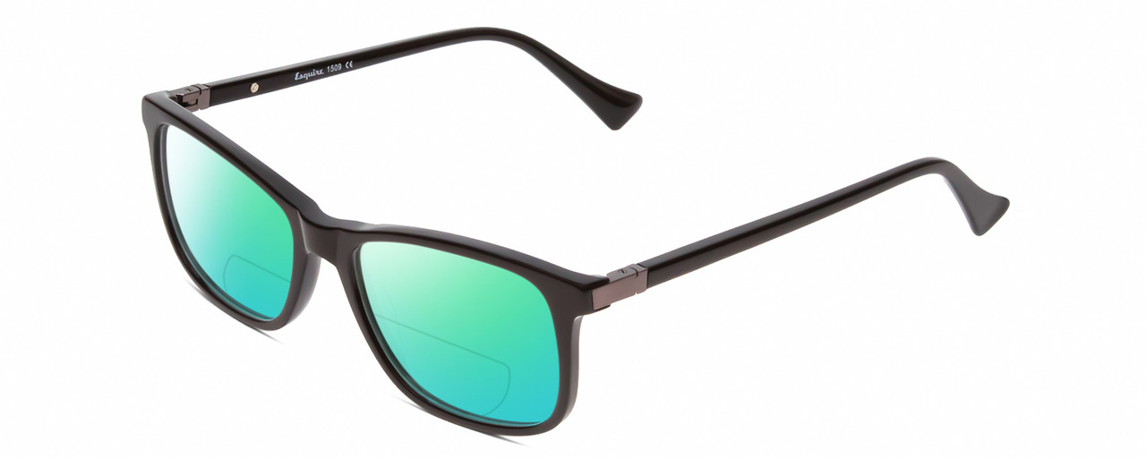 Profile View of Esquire EQ1509 Designer Polarized Reading Sunglasses with Custom Cut Powered Green Mirror Lenses in Black Unisex Square Full Rim Acetate 54 mm