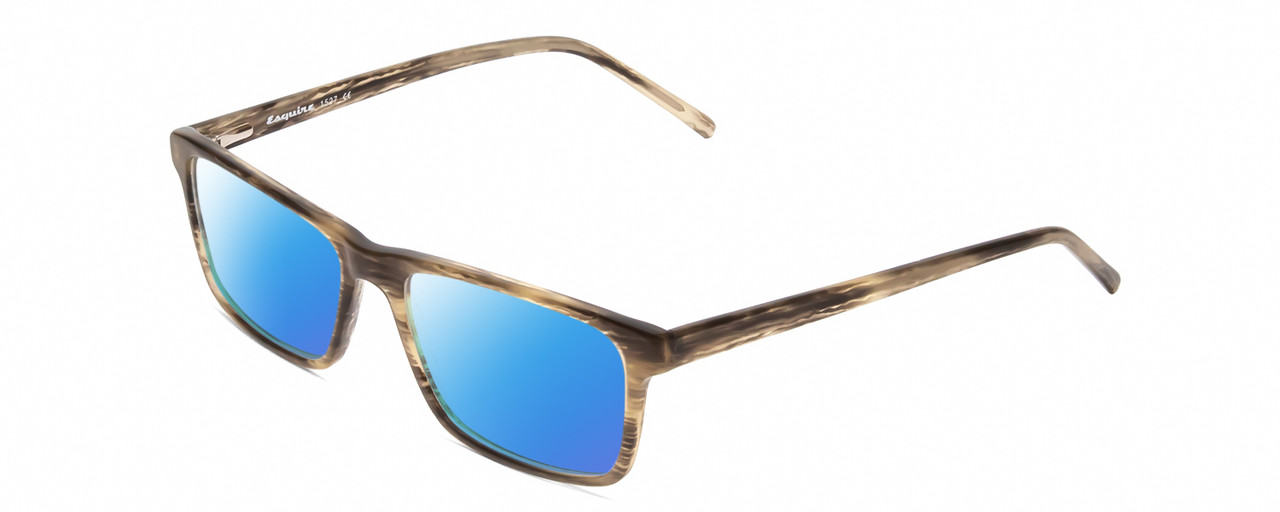 Profile View of Esquire EQ1527 Designer Polarized Sunglasses with Custom Cut Blue Mirror Lenses in Brown Green Marble Mens Rectangular Full Rim Acetate 53 mm