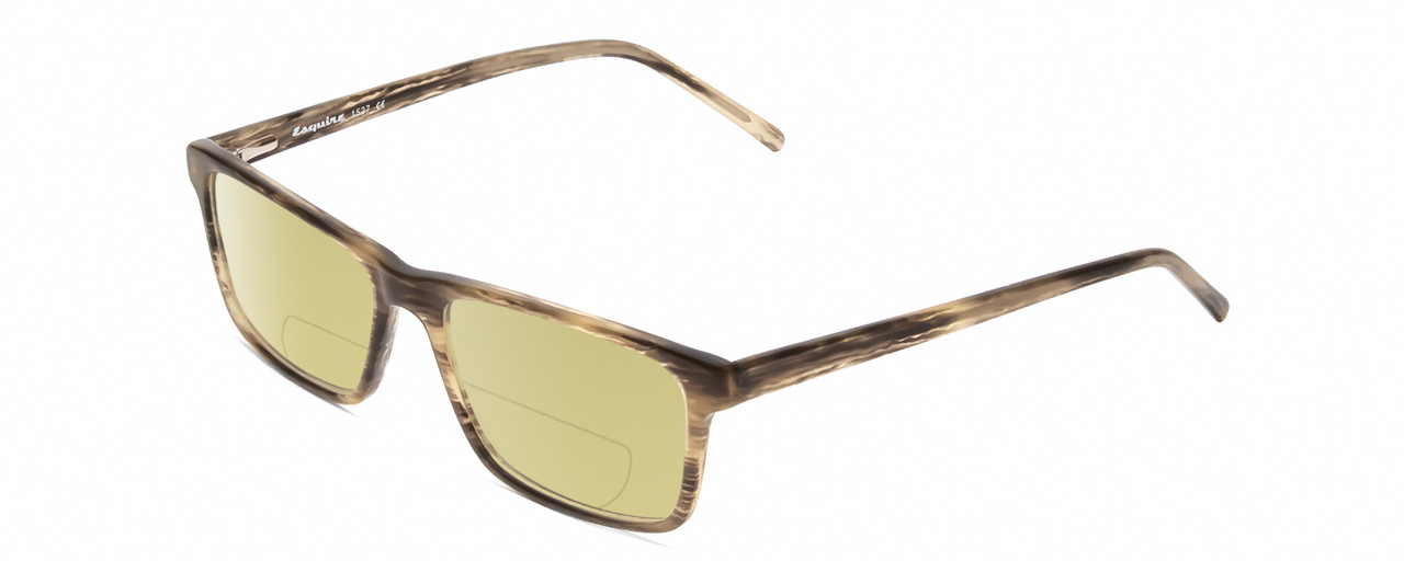 Profile View of Esquire EQ1527 Designer Polarized Reading Sunglasses with Custom Cut Powered Sun Flower Yellow Lenses in Brown Green Marble Mens Rectangular Full Rim Acetate 53 mm