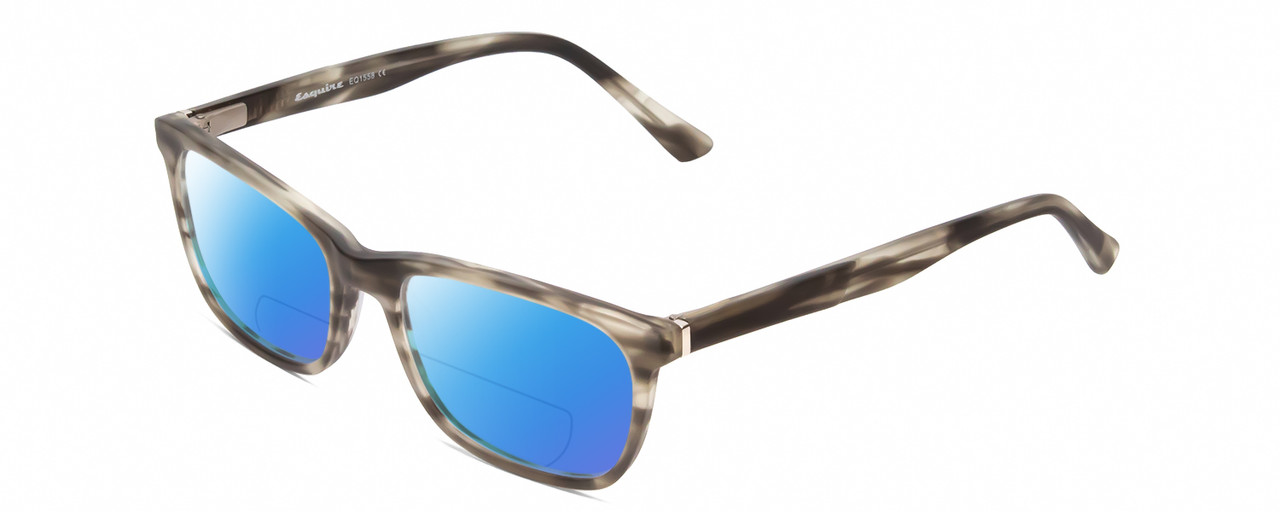 Profile View of Esquire EQ1558 Designer Polarized Reading Sunglasses with Custom Cut Powered Blue Mirror Lenses in Matte Grey Marble Unisex Square Full Rim Acetate 54 mm