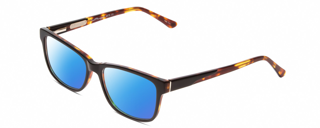 Profile View of Ernest Hemingway H4675 Designer Polarized Sunglasses with Custom Cut Blue Mirror Lenses in Black Tortoise Havana Ladies Rectangular Full Rim Acetate 52 mm