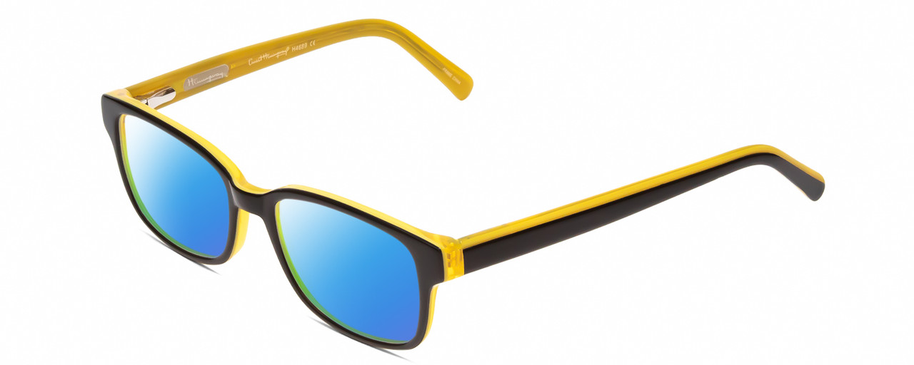 Profile View of Ernest Hemingway H4689 Designer Polarized Sunglasses with Custom Cut Blue Mirror Lenses in Black Yellow Mens Rectangular Full Rim Acetate 49 mm