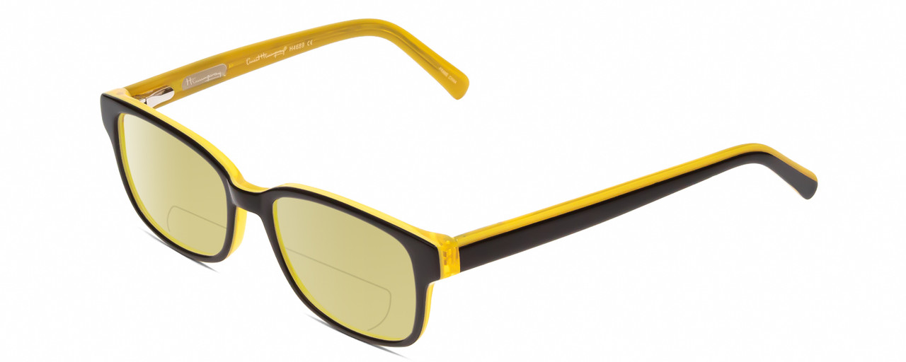 Profile View of Ernest Hemingway H4689 Designer Polarized Reading Sunglasses with Custom Cut Powered Sun Flower Yellow Lenses in Black Yellow Mens Rectangular Full Rim Acetate 49 mm
