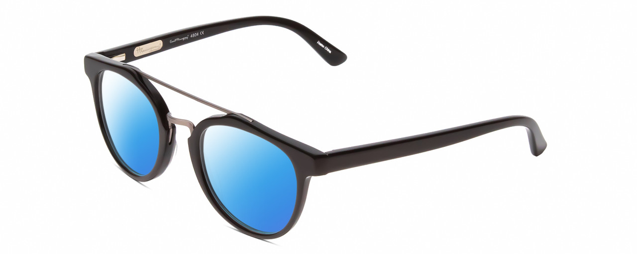 Profile View of Ernest Hemingway H4804 Designer Polarized Sunglasses with Custom Cut Blue Mirror Lenses in Black Ladies Oval Full Rim Acetate 47 mm