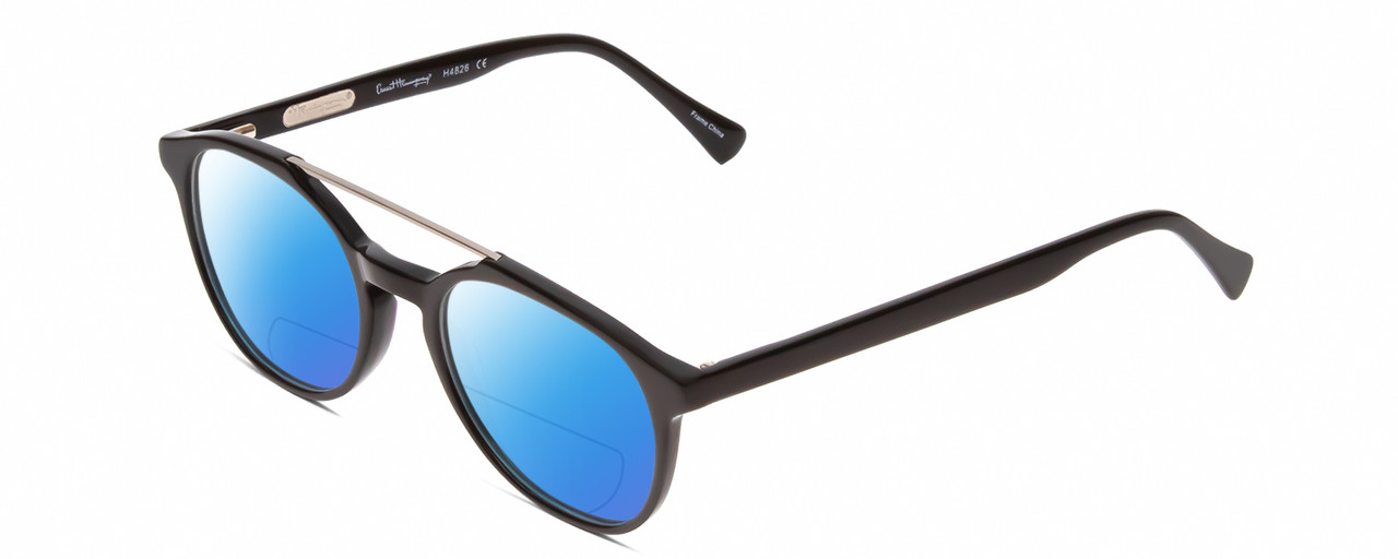 Profile View of Ernest Hemingway H4826 Designer Polarized Reading Sunglasses with Custom Cut Powered Blue Mirror Lenses in Shiny Black Unisex Round Full Rim Stainless Steel 50 mm