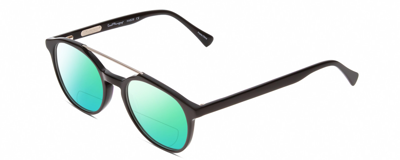 Profile View of Ernest Hemingway H4826 Designer Polarized Reading Sunglasses with Custom Cut Powered Green Mirror Lenses in Shiny Black Unisex Round Full Rim Stainless Steel 50 mm