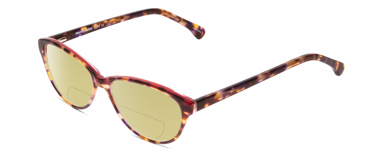 Profile View of Marie Claire MC6201 Designer Polarized Reading Sunglasses with Custom Cut Powered Sun Flower Yellow Lenses in Tortoise Havana Red Ladies Cat Eye Full Rim Acetate 53 mm