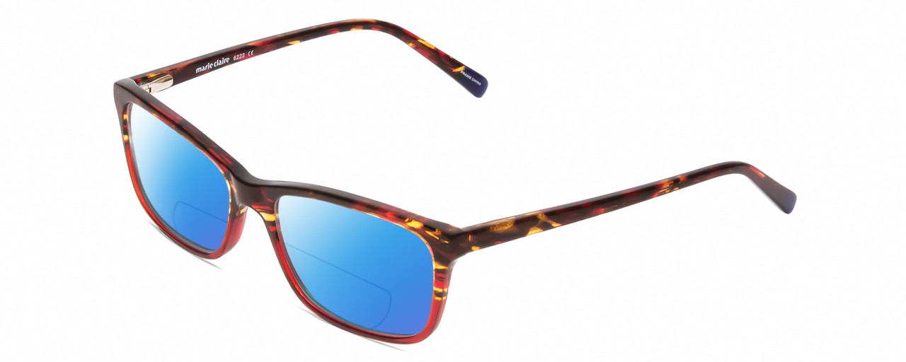 Profile View of Marie Claire MC6222 Designer Polarized Reading Sunglasses with Custom Cut Powered Blue Mirror Lenses in Tortoise Havana Red Ladies Rectangular Full Rim Acetate 53 mm