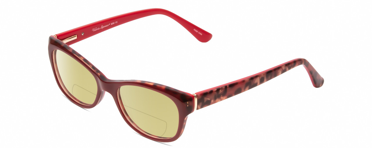 Profile View of Valerie Spencer VS9290 Designer Polarized Reading Sunglasses with Custom Cut Powered Sun Flower Yellow Lenses in Red Leopard Animal Print Ladies Cat Eye Full Rim Acetate 48 mm