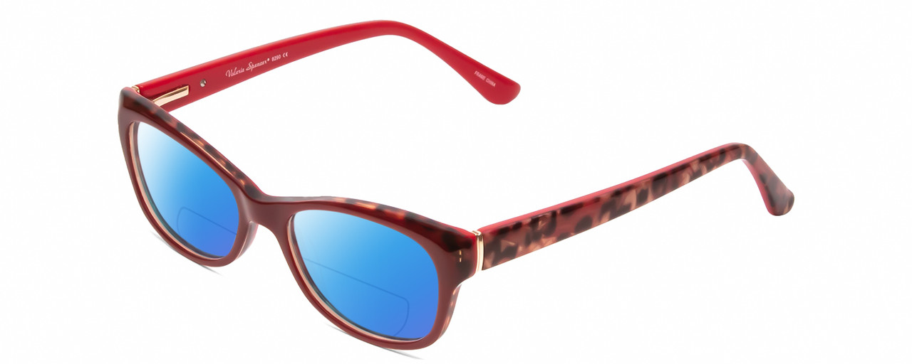 Profile View of Valerie Spencer VS9290 Designer Polarized Reading Sunglasses with Custom Cut Powered Blue Mirror Lenses in Red Leopard Animal Print Ladies Cat Eye Full Rim Acetate 48 mm