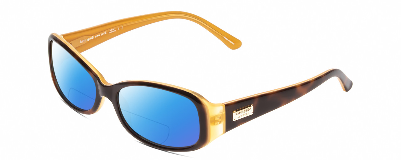 Profile View of Kate Spade PAXTON Designer Polarized Reading Sunglasses with Custom Cut Powered Blue Mirror Lenses in Saffron Tortoise Havana Crystal Layer Gold Ladies Oval Full Rim Acetate 53 mm
