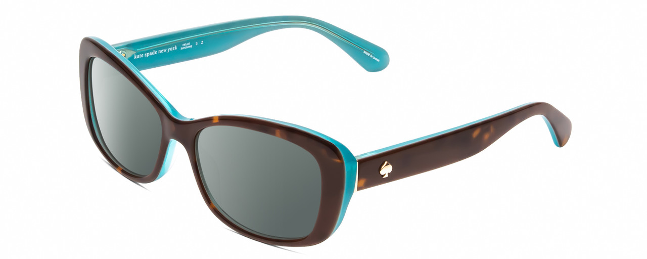 Profile View of Kate Spade CLARETTA Designer Polarized Sunglasses with Custom Cut Smoke Grey Lenses in Tortoise Havana Brown Aqua Blue Ladies Cat Eye Full Rim Acetate 53 mm