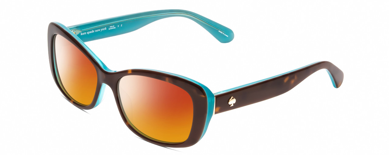 Profile View of Kate Spade CLARETTA Designer Polarized Sunglasses with Custom Cut Red Mirror Lenses in Tortoise Havana Brown Aqua Blue Ladies Cat Eye Full Rim Acetate 53 mm