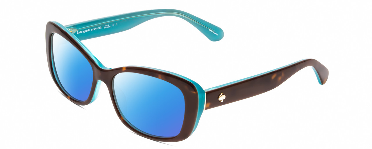 Profile View of Kate Spade CLARETTA Designer Polarized Sunglasses with Custom Cut Blue Mirror Lenses in Tortoise Havana Brown Aqua Blue Ladies Cat Eye Full Rim Acetate 53 mm